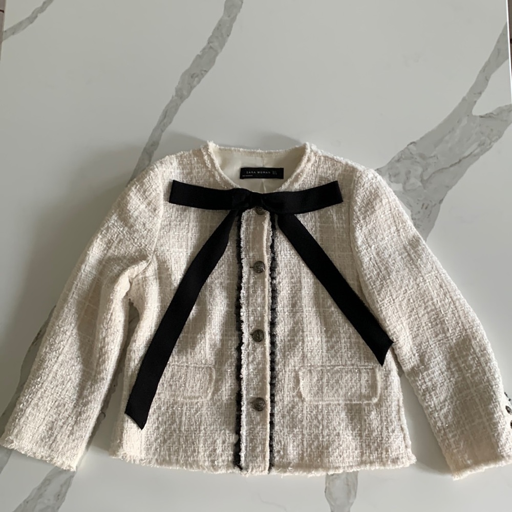 Zara textured blazer with black trim and bow EUC